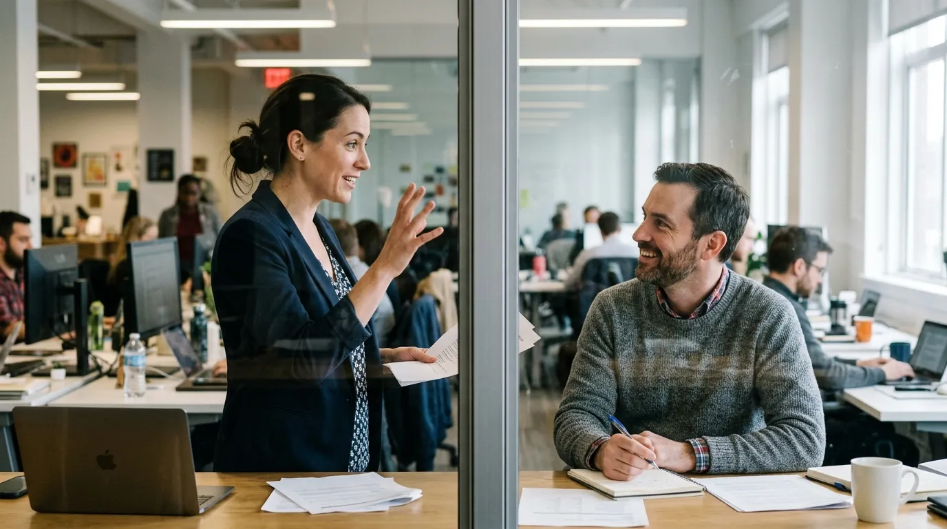 Two colleagues talking either side of a full-height glass office partition